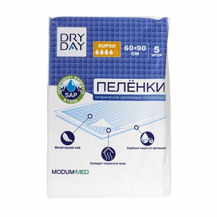 Пелёнки гигиенические впитывающие Dry day Super, 60х90 см., 5 шт.